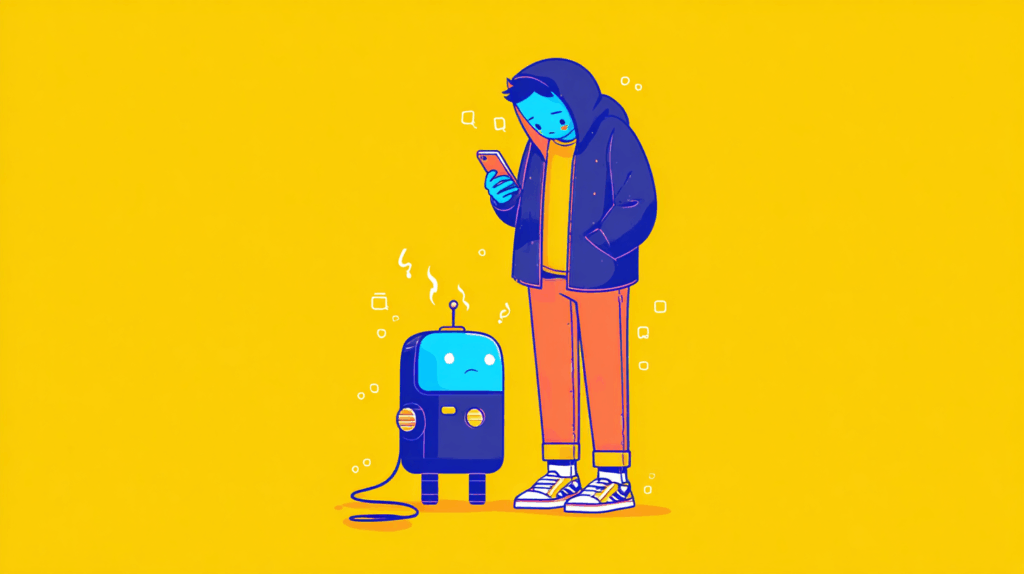 AIロボットに個人情報が漏れてしまうのではないかと心配している人物のかわいいイラスト
