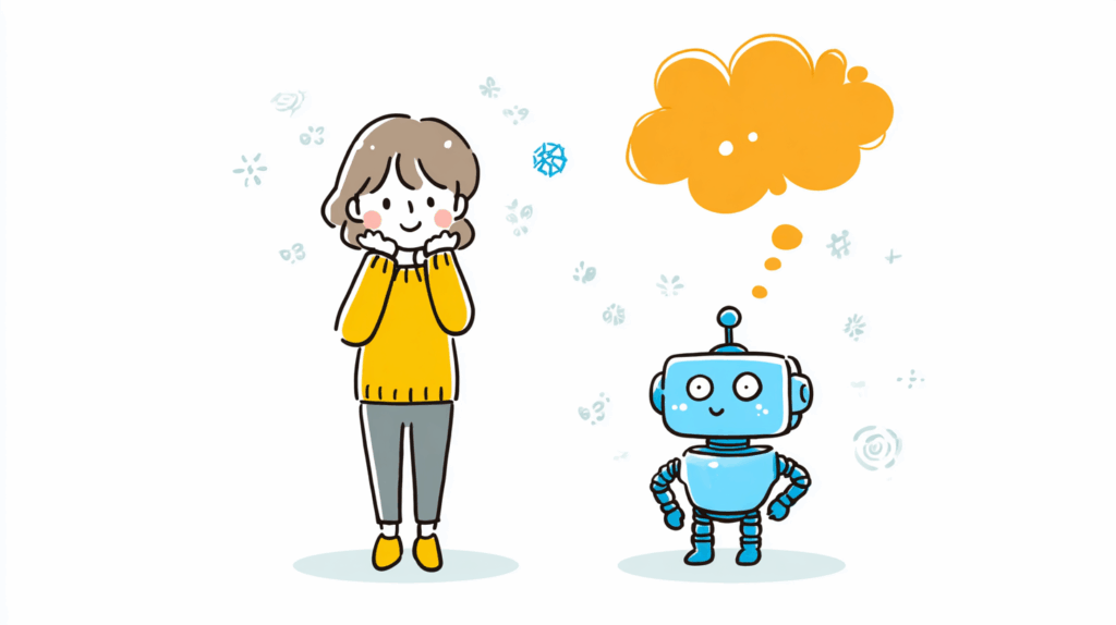 ビジネスプランについて、フレンドリーなAIロボットと一緒に考えている人の、可愛くてフラットなマンガ風イラスト。