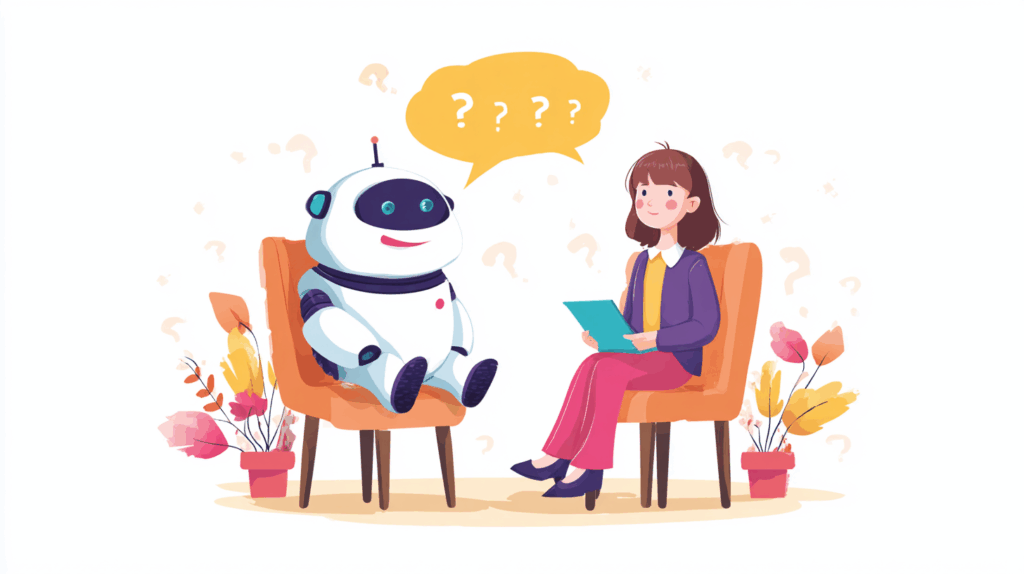 明るい部屋で、かわいいロボットが人間の応募者に採用面接の質問をしている、シンプルで親しみやすいイラスト。