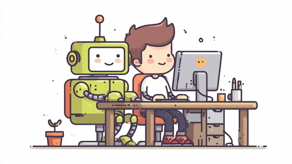 人間と親しみやすいロボットが、オフィスで協力してパソコン画面を見ながら仕事をしている、明るい未来を感じさせるイラスト。