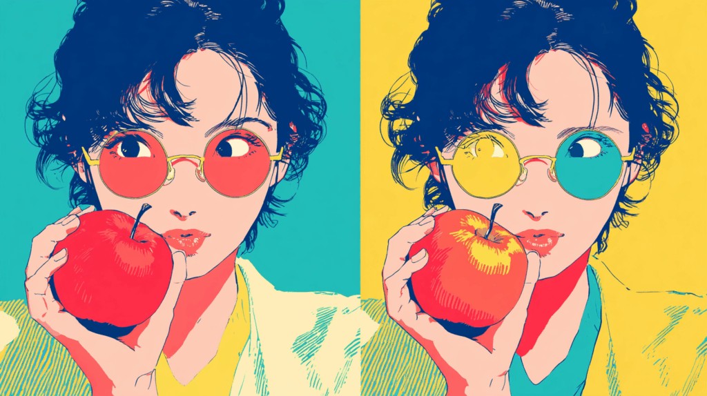 色の違うメガネをかけて、一つのリンゴを眺めている人物のかわいいイラスト。