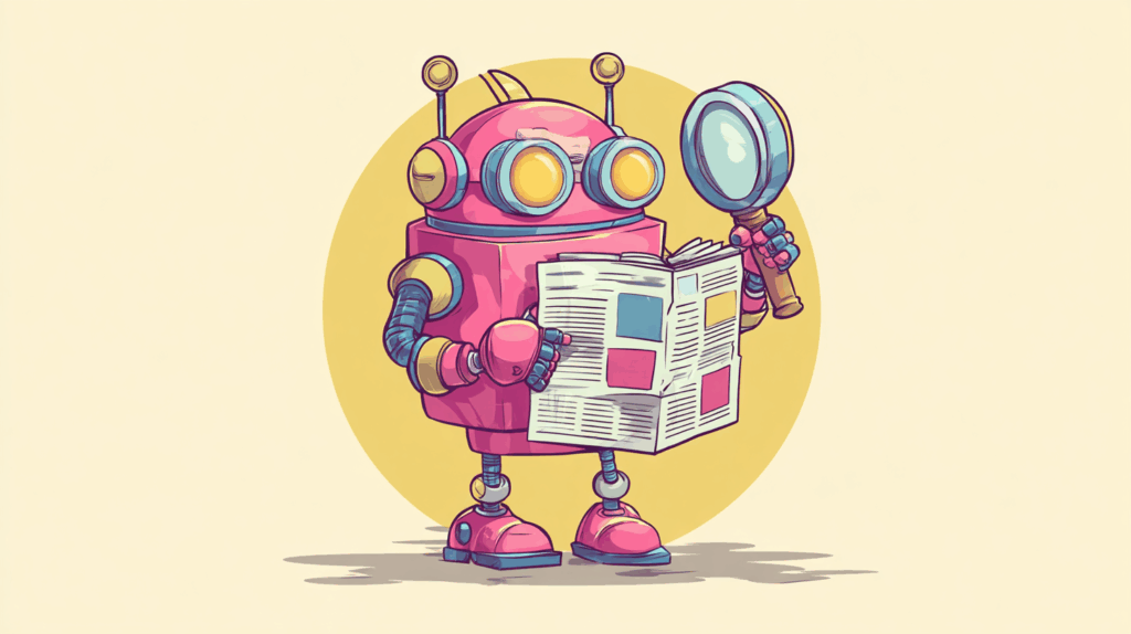 ロボット探偵が虫眼鏡で新聞を調べている、かわいくてシンプルなイラスト。