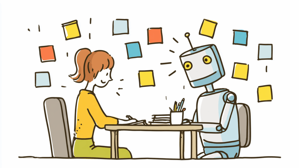 かわいいロボット(AI)と一緒に、机の上で付箋を使いながらアイデア出しをしている人物のイラスト。