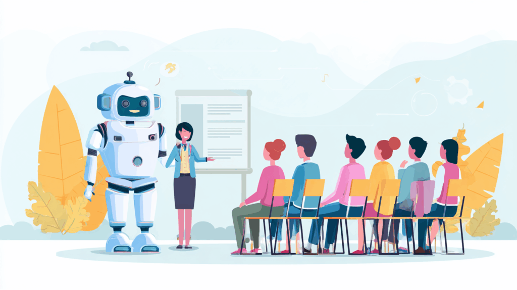 フレンドリーなAIロボットの助けを借りて、大勢の前でプレゼンテーションをする人物のかわいいイラスト。