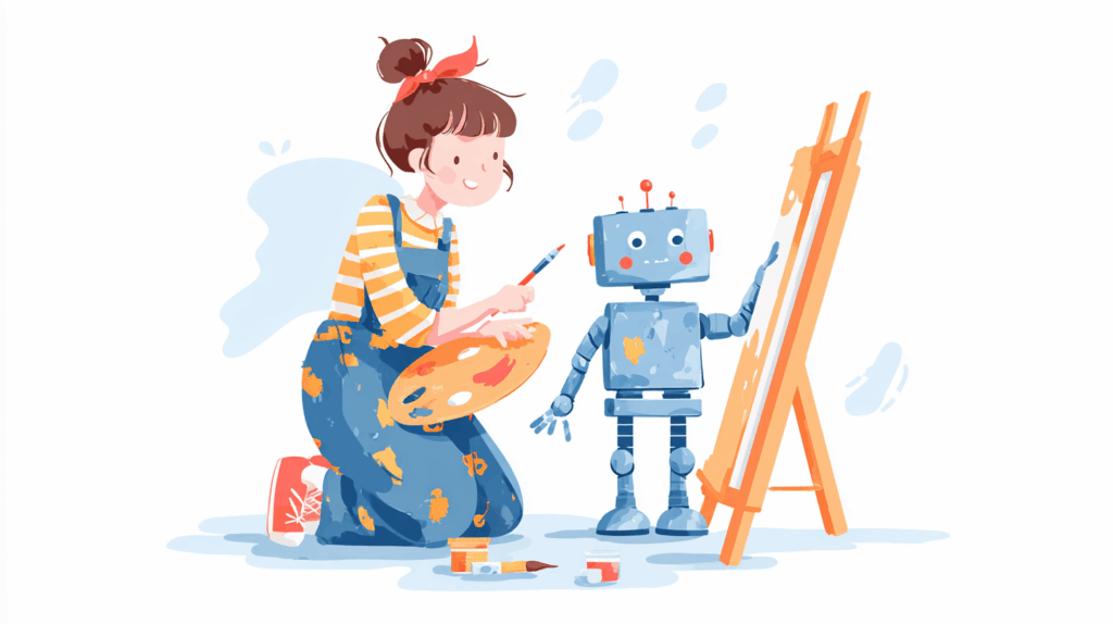 人間と可愛らしいロボットが、一枚のキャンバスに向かって一緒に楽しく絵を描いている、明るい色合いのイラスト。
