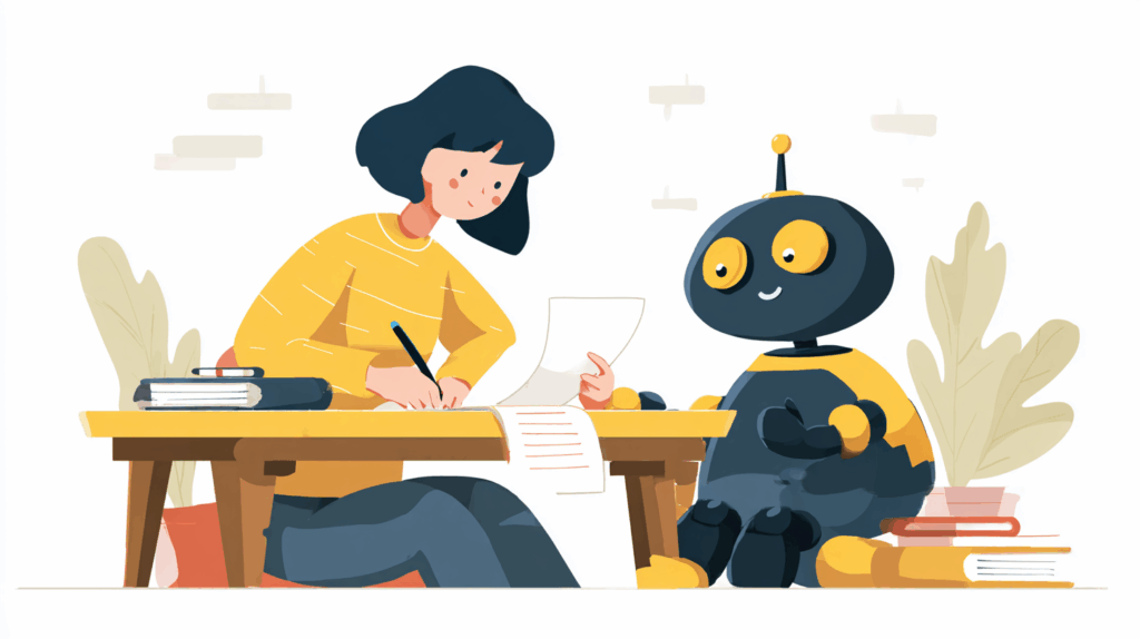オフィスの机で、フレンドリーなAIロボットと一緒にパソコン画面を見ながら、楽しそうに文章を修正している人のイラスト。